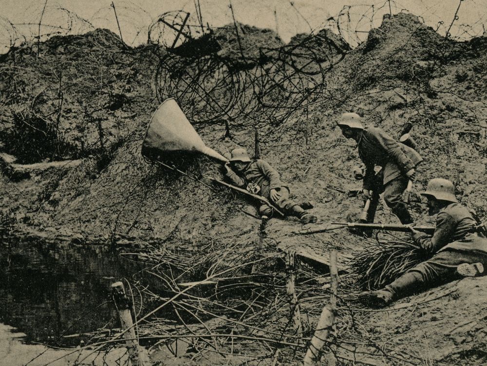 "Real images of the World War. Listening post in a mine crater," 1917
